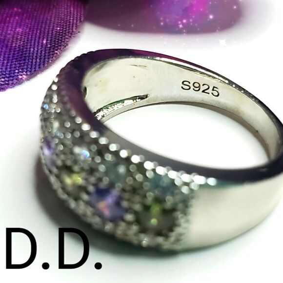 Green & Blue Diamonds Baguette White Diamonds Ring on 925 Silver Ring - Picture 4 of 7